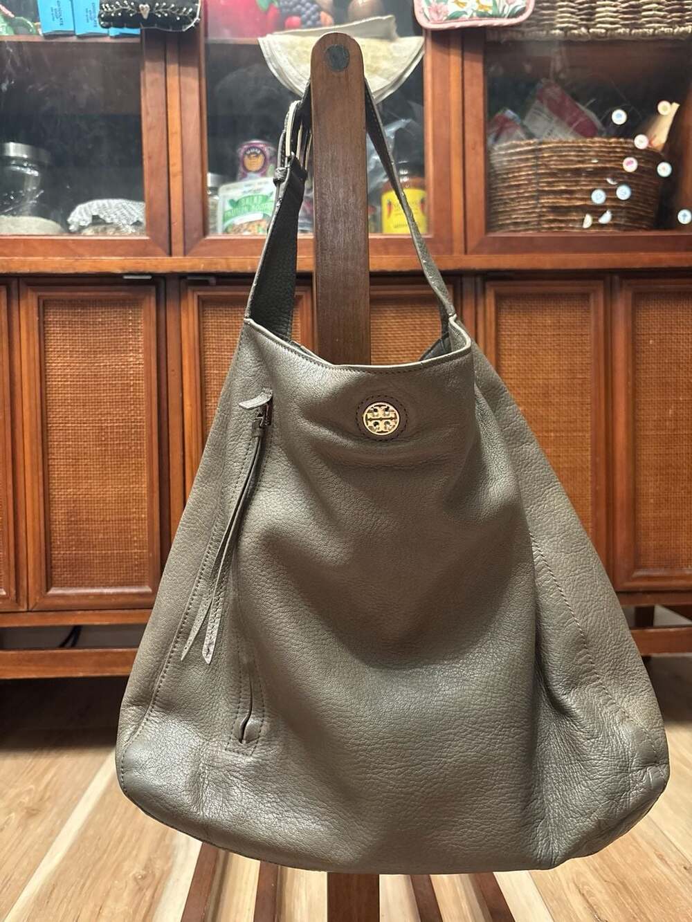 Tory Burch Gray Pebbled Leather Slouchy Hobo Shoulder Bag